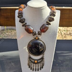 Vtg. Chunky Tribal Large Pendant Necklace Metal Charm Boho